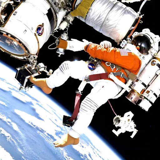 Prompt: Astronaut Jerry L. Ross, STS-110 mission specialist, anchored to the mobile foot restraint at the end of the International Space Station’s (ISS) Canadarm2, works in tandem with astronaut Lee M. E. Morin (out of frame), mission specialist, during the fourth and final scheduled session of extravehicular activity (EVA) for the STS-110 mission.
NASA