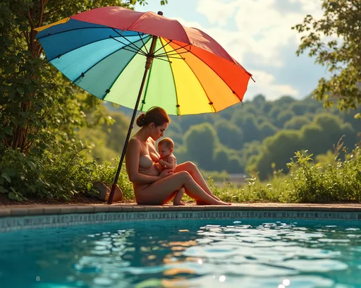 Prompt: A nudist campground. Enveloped in a gentle warmth under a radiant sun. A tender nudist mother, glowing with love and serenity, sits gracefully beneath the vibrant hues of a large, colorful umbrella, creating a cozy alcove of shade. She lovingly breastfeeds her child, both their expressions radiating comfort and connection amidst the idyllic setting. Around them, the crystalline water of a nearby swimming pool reflects the soft blues of the sky, dotted with fluffy white clouds drifting lazily. Lush greenery frames the scene, enhancing the warmth of the day, inviting the viewer into this intimate moment of nurturing and freedom. Photorealistic style captures the beauty of this joyful, sunlit day in vivid detail.