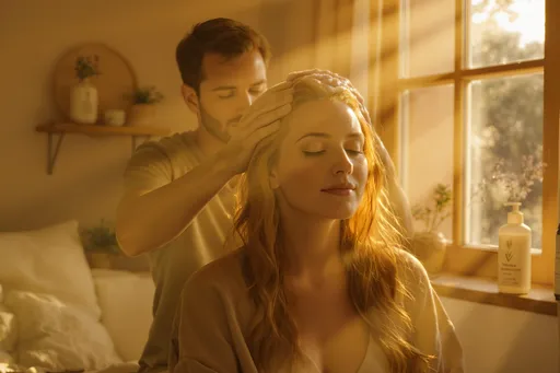 Prompt: In a cozy, warmly lit room, infused with a soft golden hue, a husband tenderly sits behind his wife, gently massaging shampoo into her long, cascading ginger hair. Sunlight filters through the nearby window, creating a delicate interplay of light and shadow that dances across her serene face, illuminating her features and highlighting the vibrant tones of her hair. The room is filled with a sense of intimacy and tranquility, as gentle rays of light reflect off the bottle of her favorite lavender-scented shampoo, positioned artfully on a wooden shelf nearby. This scene embodies warmth and love, perfect for an intimate advertising style, with soft focus and inviting tones that evoke a feeling of comfort and connection.