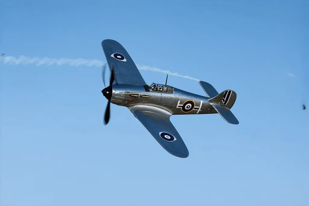 Prompt:  Inverted flight of a Supermarine Spitfire fighter, the iconic WWII aircraft. Defying gravity, its polished silver body gleams in the sunlight as it soars upside down, leaving a trail of white contrails against the clear blue sky. The distinctive sound of its Rolls-Royce Merlin engine roars in your ears, creating an unforgettable scene of power and agility.