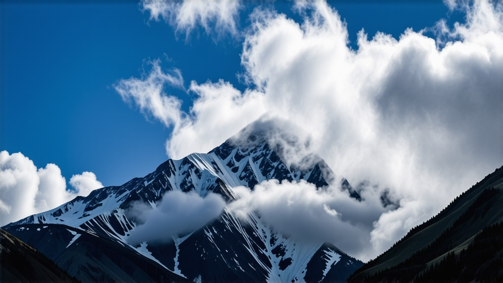 Prompt: Mountain sky slope, (vivid blue) sky, (fluffy white) clouds, breathtaking avalanche of snow cascading down, (majestic mountains) in the background, (dynamic movement) of snow, (dramatic lighting) illuminating the scene, (ultra-detailed) landscape, capturing the exhilarating beauty and the raw power of nature, (serene atmosphere) with an awe-inspiring view.