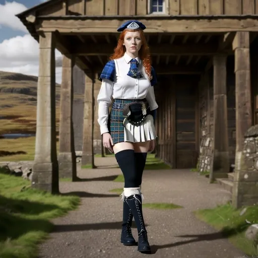 Prompt: Scottish lassie wearing formal Scottish Kilt. Ginger hair, freckles, blue eyes, White silk blouse, Scottish Tartan knee high stockings, 
brown leather boots, Scottish cap on her head. 
Full height head to toe, Centered ,extremely detailed CG unity 8k wallpaper,full body,From front,Full body,Wide shot 