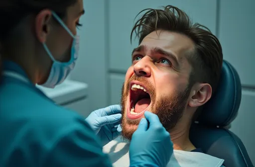 Prompt: (nervous man in dentist's chair), bright overhead light illuminating his open mouth, single tooth with old silver filling, dentist in protective mask, preparing new white filling, tense atmosphere, uneasy expression, gripping armrests tightly, (clinical setting) with antiseptic scent, stark white walls, (highly detailed, photorealistic) representation, vivid contrasts, cinematic lighting, anxiety palpable in the air, (4K texture).