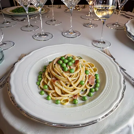 Prompt: (ultra-detailed) Pasta carbonara, rich creamy white sauce, generous crispy bacon pieces, vibrant green peas, elegantly served on fine china plate, formal silver place setting, crystal wine glass, fine white wine, luxurious dining table ambiance, soft warm lighting, inviting and sophisticated atmosphere, gastronomic masterpiece, HD quality, exquisite culinary presentation,romantic setting.