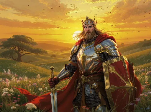 Prompt: King Arthur standing proud amidst a lush, rolling green landscape, the sun setting behind him, casting a warm golden hue over the scene that enhances the vintage style. He wears intricately detailed traditional armor that glimmers with a rich, vibrant color scheme of royal blues and deep reds, reflecting the nobility of his character. In his right hand, he firmly grips Excalibur, the legendary sword sparkling with a mystical light. His left arm bears a beautifully ornate shield, embossed with the emblem of the round table, catching the last rays of sunlight. The background is dotted with wildflowers and ancient trees, swaying gently in the breeze, as a flock of birds circles overhead. The overall mood is heroic and timeless, reminiscent of classic illustration styles, evoking a sense of adventure and nobility.