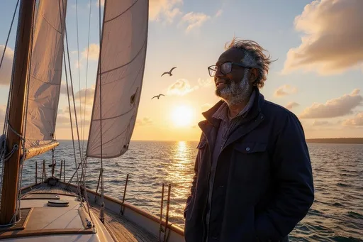 Prompt: A solitary sailor stands confidently on the deck of a weathered sailboat, the crisp morning air ruffling their wind-tousled hair. The sun rises on the horizon, casting a golden glow over the gentle waves that ripple like silk, reflecting hues of orange and pink. The sails billow majestically, catching the soft breeze as seagulls glide overhead, their cries harmonizing with the lapping of water against the hull. The sailor, dressed in a rugged navy-blue coat, gazes determinedly toward the distant, mist-kissed shoreline, their expression a blend of adventure and serenity. Fluffy clouds scatter across the sky, promising a day full of possibilities. This scene captures the essence of freedom and exploration, rendered in a vibrant, photorealistic style.
