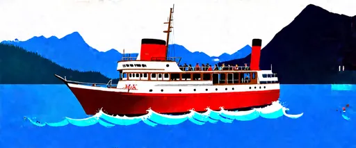 Prompt: Coastal passenger vessel Princess Marguerite II, a vibrant representation of a historic ship, navigating through the stunning waters of British Columbia, blue waves reflecting sunlight, majestic mountains in the background, artistic rendering showcasing the vintage design, passengers visible on board, warm ambiance highlighting its local charm and significance, (4K) ultradetailed illustration embodying maritime history.