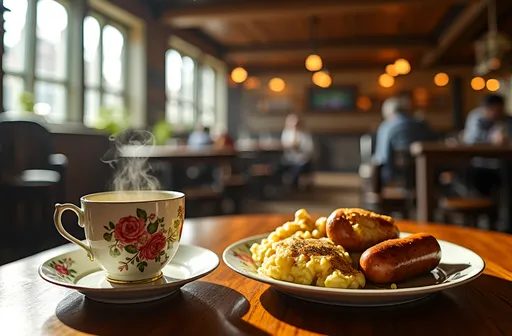 Prompt: A charming English pub bathed in a warm, golden glow, where soft sunlight filters through rustic windows, casting gentle patterns onto the polished wooden table. At the center, a delicate fine bone china teacup with intricate floral patterns rests elegantly, steam rising gracefully from its rim. Nearby, a hearty plate of bangers and mash sits invitingly, the creamy mashed potatoes contrasting with the rich brown of the sausages, all adorned with a drizzle of savory gravy. The pub's cozy ambiance is enhanced by wooden beams overhead and the faint sounds of laughter echoing in the background. This scene is captured in an ads-retail style, emphasizing the inviting warmth and comfort of traditional British fare.