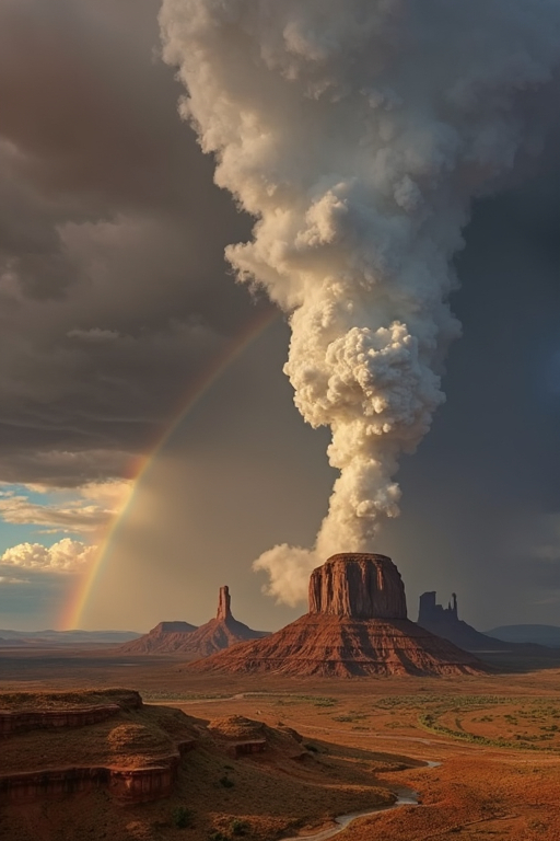 Prompt: a large cloud of rain is coming over a mountain and a rainbow is in the sky above it and a rainbow is in the sky, Chris LaBrooy, shock art, award - winning photo, a matte painting