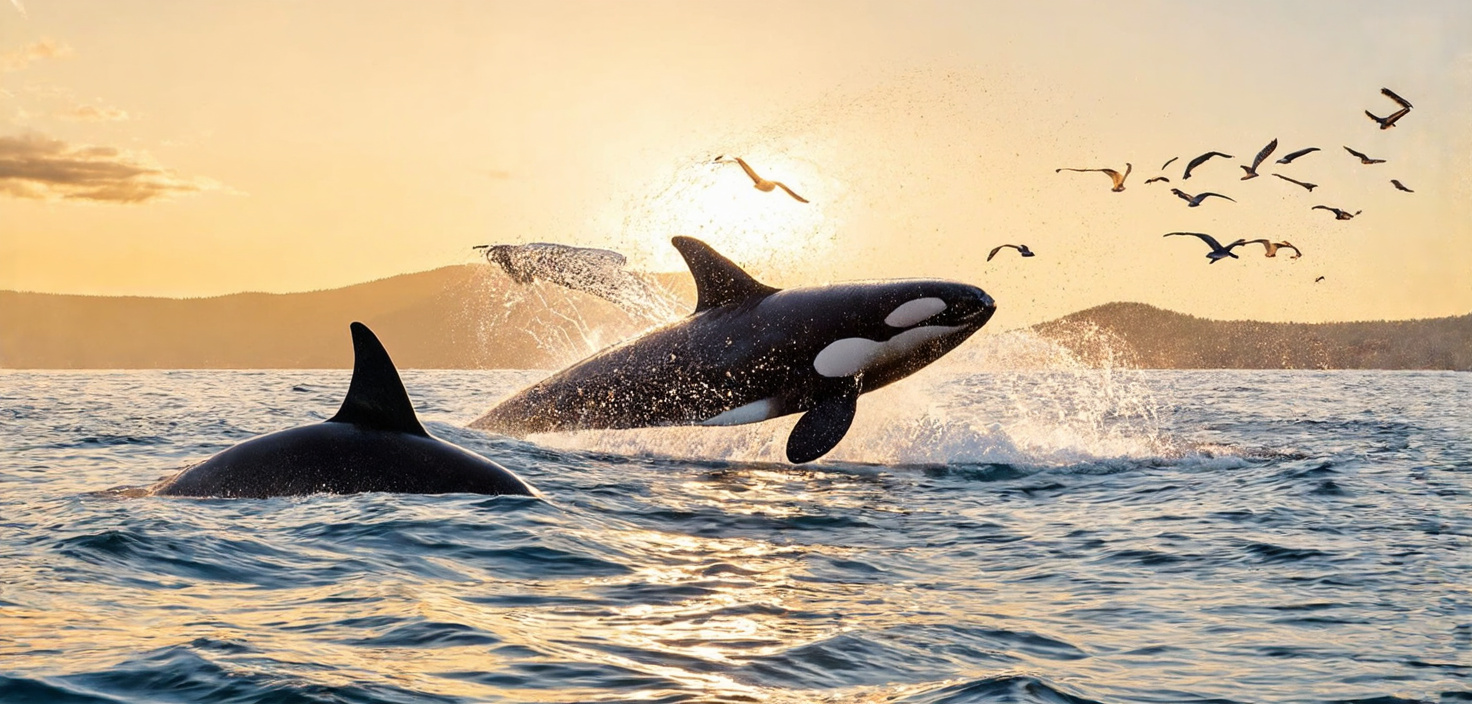 Prompt: Embark on a tranquil British Columbia sea cruise, the sun casting golden hues over the water. Observe majestic orcas and playful humpback whales as they breach the surface, their powerful fins slicing through the waves. Seabirds soar above, while dolphins race alongside the boat, their smiles infectious. A perfect blend of nature's grandeur and peaceful serenity.