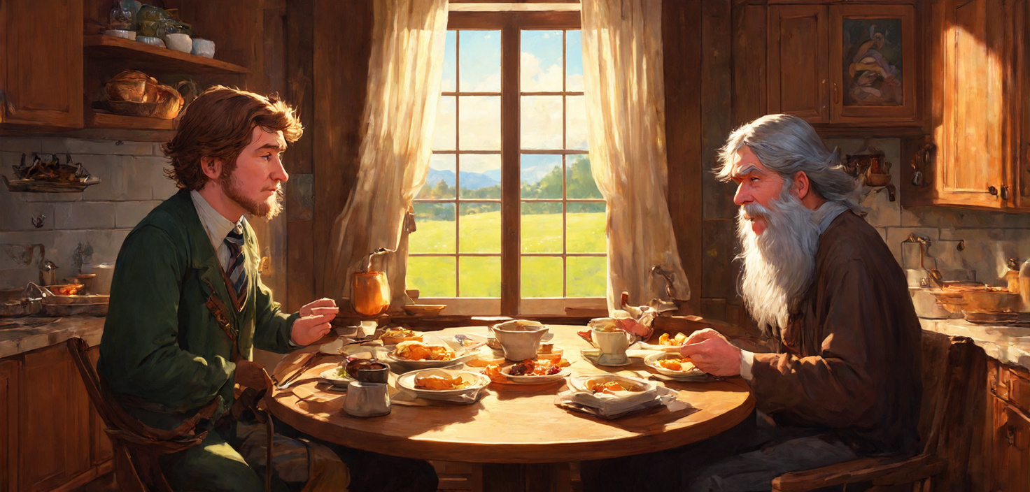 Prompt: (Bilbo Baggins' home), cozy kitchen setting, warm lighting, round wooden table, (Gandalf the Gray), (first breakfast), hearty meals, whimsical ambiance, lush knoll backdrop, rustic decor, enchanting details, comfortable atmosphere, expressive facial features, animated conversation, ultra-detailed, magical essence, adventure foreshadowing, dreamy joyfulness, storybook illustration.