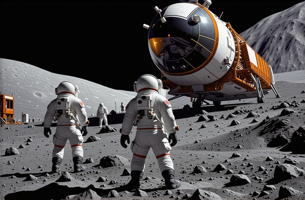 Prompt: (lunar base scene), (astronauts in sleek lunar exploration space suits), unloading cargo from Falcon Heavy cargo ship, futuristic technology, cool metallic colors, vast lunar landscape, craters and regolith in the background, dramatic lighting, ethereal atmosphere, high-quality 4K resolution, detailed texture of space suits and cargo equipment, engaging composition that showcases human activity on the Moon, thrilling sense of discovery and exploration.