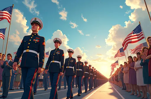 Prompt: A vibrant, photorealistic depiction of a Memorial Day parade unfolds under a brilliant blue sky, dappled with soft, fluffy clouds reflecting the warm golden hues of the sunlight. The scene is filled with a diverse group of soldiers, sailors, and marines, each in their crisp uniforms, marching in perfect synchronization. The expressions on their faces exude pride and solemnity, honoring the sacrifices made by their fellow veterans. Red, white, and blue banners flutter in the gentle breeze, while an audience of families and friends stands by, some clutching flags, with smiles and tears mingling in their eyes. The atmosphere is imbued with an overwhelming sense of respect and gratitude, enhanced by the warm color palette that envelops the entire scene.