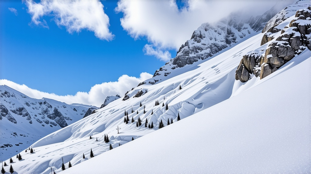 Prompt: Mountain sky slope, (vivid blue) sky, (fluffy white) clouds, breathtaking avalanche of snow cascading down, (majestic mountains) in the background, (dynamic movement) of snow, (dramatic lighting) illuminating the scene, (ultra-detailed) landscape, capturing the exhilarating beauty and the raw power of nature, (serene atmosphere) with an awe-inspiring view.