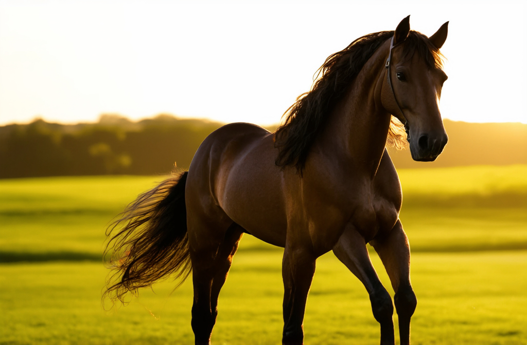 Prompt: (magnificent Arabian stallion), standing majestically at 15 hands high, (proud and powerful pose), flowing mane and tail, strong muscular form, lush green pasture background, soft golden sunlight illuminating the horse, (HD) quality, graceful atmosphere, evoking a sense of beauty and nobility.