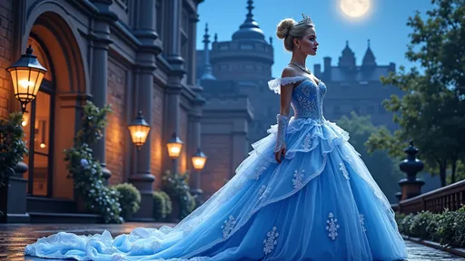 Prompt: Cinderella at the costume party, (dramatic scene at Edinburgh Castle), adorned in elegant white silk and shimmering royal blue satin, intricate (ivory mask), radiant glass slippers, (moonlit ambiance), lavish decorations, (enchanted atmosphere), high-quality details, ultra-detailed, (fantasy theme), ornate background with towering castle features, (whimsical vibe), vibrant colors contrasting against the historical stone.