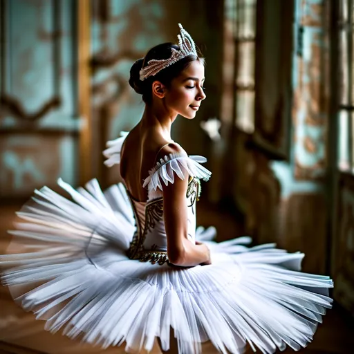 Prompt: Ballerina in a (luxurious) white silk tutu, graceful pose, soft (draping) fabric, ethereal light surrounding her, (delicate) tutu leaping in motion, detailed facial expression conveying concentration and elegance, (dreamy) background blending pastel colors, setting an unreal ambiance, harmonious and (serene) atmosphere, (ultra-detailed) quality, capturing the beauty and artistry of ballet in a (captivating) scene.