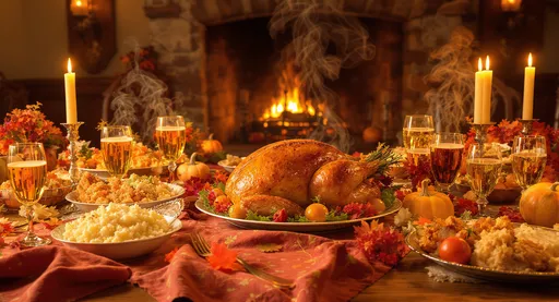 Prompt: A warm, inviting Thanksgiving feast fills a rustic wooden dining table, adorned with a rich, autumn-themed tablecloth. A golden-brown turkey takes center stage, its skin glistening from the soft candlelight flickering around the room. Surrounding it are mounds of creamy mashed potatoes, fluffy stuffing, and vibrant, roasted vegetables, their colors enhanced by the gentle glow of pendant lights overhead. Crystal glasses filled with sparkling cider catch the light, casting dazzling reflections across the polished surface. Wisps of fragrant steam rise from the dishes, enveloping the scene in an atmosphere of celebration and gratitude. The backdrop features a cozy fireplace, softly crackling, while the scent of cinnamon and spice fills the air, capturing the essence of a heartfelt Thanksgiving gathering. Photorealistic style.
