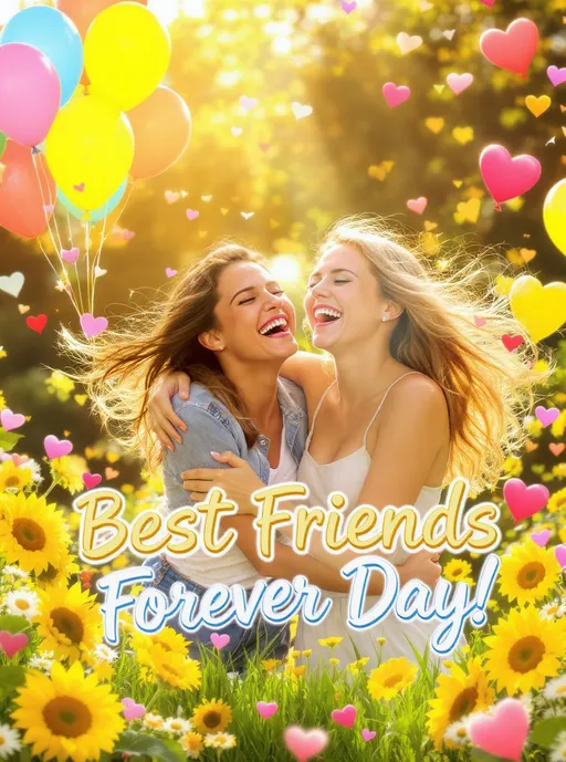 Prompt: A vibrant, eye-catching greet card advertisement capturing the essence of June 8th, Best Friends Forever Day. The scene is bursting with a lively palette of bright colors, featuring lush greenery and sunflowers dancing in a gentle breeze. In the foreground, two best friends are portrayed in a joyful embrace, their laughter contagious, radiating warmth and connection. They’re surrounded by whimsical elements like colorful balloons and heart-shaped confetti swirling in the air, adding an element of festive celebration. The sunlight pours down, casting a golden glow that enhances the wholesome atmosphere. The text "Best Friends Forever Day!" is boldly emphasized with playful typography, perfectly integrated into the scene. This image would resonate beautifully in a modern advertising style, with a crisp, energetic feel, inviting viewers to celebrate friendship.