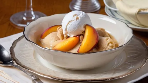 Prompt: Peach cobbler golden  yellow peach filling, with light crust baked a lovely light brown. Tasty vanilla ice cream on the side. In a china bowl with delicate platinum designs on the edge. A silver spoon is placed beside the dish. A flute of champagne is on the table beside the spoon. A linen napkin is under the spoon. 