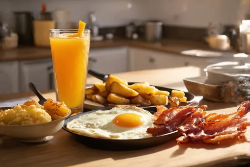 Prompt: A table set up for breakfast, beautifully arranged, featuring a large, refreshing glass of orange juice, golden pan-fried potatoes, crispy bacon, and perfectly fried eggs, warm sunlight streaming in, enhancing the inviting ambiance, soft-focus background of a cozy kitchen, high-quality 4K resolution, ultra-detailed, vibrant colors creating a cheerful morning atmosphere.