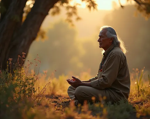 Prompt: (Navajo elder), serene atmosphere, deep connectedness, sitting in quiet meditation, respectful pose, (Great Spirit) connection, muted earth tones, gentle sunlight filtering through trees, tranquil, harmony with nature, surrounding landscape rich with indigenous flora, (4K) ultra-detailed, contemplative ambiance, soft shadows, vibrant spiritual energy emanating, peaceful aura, sacred space.