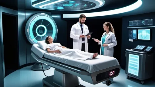 Prompt: Doctor and nurse attending a pregnant woman. Medical bay in the starcruser Atlantic City. Ultrasound and advanced medical scanners ready for the staff to help with the delivery of the baby. 