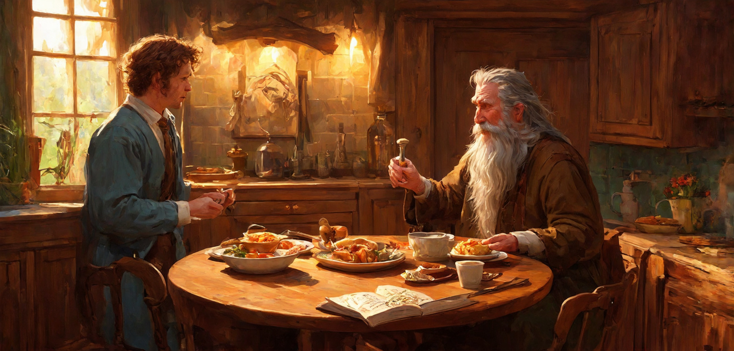 Prompt: (Bilbo Baggins' home), cozy kitchen setting, warm lighting, round wooden table, (Gandalf the Gray), (first breakfast), hearty meals, whimsical ambiance, lush knoll backdrop, rustic decor, enchanting details, comfortable atmosphere, expressive facial features, animated conversation, ultra-detailed, magical essence, adventure foreshadowing, dreamy joyfulness, storybook illustration.