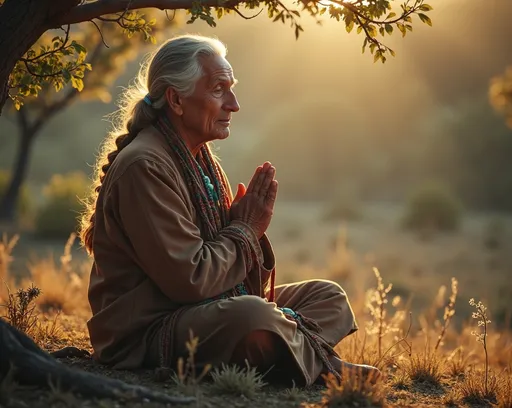 Prompt: (Navajo elder), serene atmosphere, deep connectedness, sitting in quiet meditation, respectful pose, (Great Spirit) connection, muted earth tones, gentle sunlight filtering through trees, tranquil, harmony with nature, surrounding landscape rich with indigenous flora, (4K) ultra-detailed, contemplative ambiance, soft shadows, vibrant spiritual energy emanating, peaceful aura, sacred space.