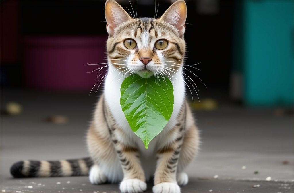 Prompt: A cat with a leaf held in her mouth. 
She was constantly staying near the fish market and watching people come to buy fish. She took a leaf that fell from the tree and came to the owner. On the first day, he took her "money" and gave her a fish. From that day on, every morning she comes with a leaf to "buy" fish.