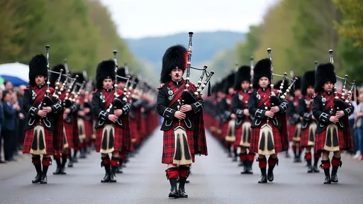 Prompt: An impressive sight as the Drum Majors lead the massed pipe bands, followed by the Atholl HIghlanders, through Braemar to the 2024 Braemar Gathering and Highland Games on Saturday 7th September 2024. The bands were playing Farewell to the Creeks on the march as they prepared for their noon display around the Highland Games field. 
The bands taking part were the Lonach Pipe Band, Huntly & District Pipe Band, Dunnottar Pipes and Drums, Ballater & District Pipe Band, Gordonstoun Pipe Band, Granite City Pipes & Drums, Kintore Pipe Band and Blairgowrie, Rattray & District Pipe Band.