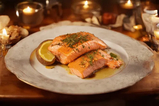 Prompt: salmon and baked potato dinner, beautifully plated, vibrant colors, warm ambiance, cozy dining setting, candlelit, elegantly arranged tableware, high-quality presentation, 4K ultra-detailed, appetite-stimulating, inviting atmosphere, rustic wooden table background, soft lighting, emotionally comforting feel, gourmet experience, expertly garnished with herbs and spices, perfect for a family gathering or romantic evening.