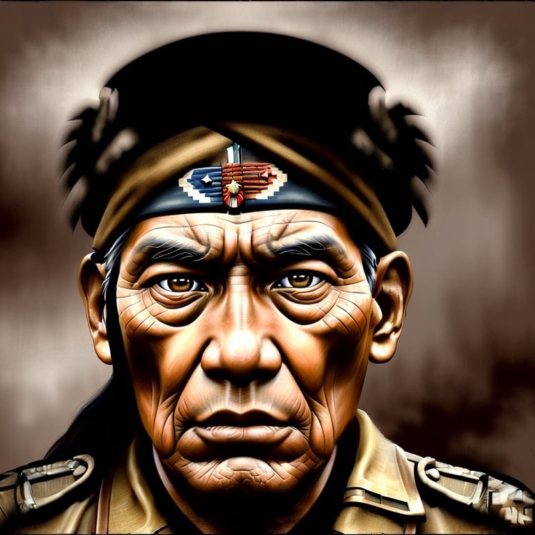 Prompt: Honor of Navajo Code Talker, realistic portrait, digital painting, World War Two Army combat uniform, intense and focused gaze, war hero, detailed facial features, historical tribute, highres, ultra-detailed, realistic, intense, vintage, traditional attire, heroic, honorable, patriotic, sepia tones, detailed