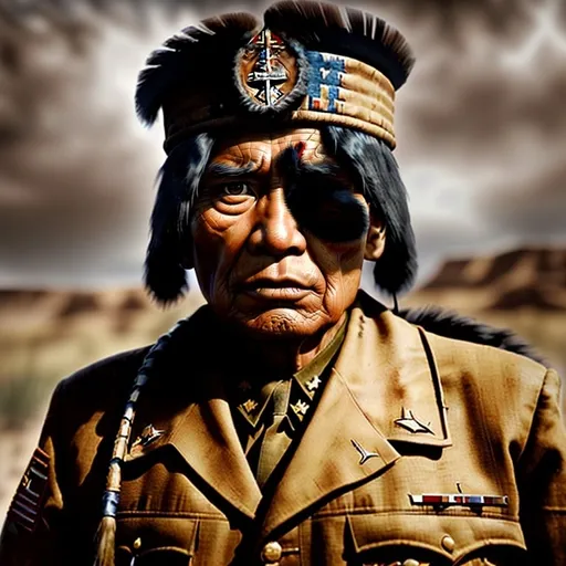 Prompt: Honor of Navajo Code Talker, realistic portrait, digital painting, World War Two Army combat uniform, intense and focused gaze, war hero, detailed facial features, historical tribute, highres, ultra-detailed, realistic, intense, vintage, traditional attire, heroic, honorable, patriotic, sepia tones, detailed