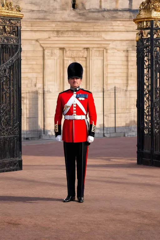 Prompt: The King's Guard at Buckingham Palace, standing at attention, majestic and dignified, (elaborate uniform), sharp details, vivid red and gold colors, (architectural background), intricate gates of the King's court, strong fortress vibe, (historical atmosphere), grand display of British heritage, (4K ultra-detailed image), dramatic shadows, radiant sunlight illuminating the scene, capturing the essence of royal tradition and duty.