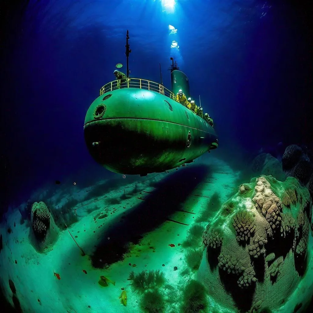 Prompt: Marianas Trench being studied by the Trieste submarine. Wide angle view of the Trieste 15 meters above the floor of the trench. Fantastic marine species swimming in the observation lights of the submarine. 