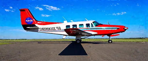 Prompt: (Piper Cherokee 150 airplane), (runway perspective), fully prepared for takeoff, (tail number FG-2025), displaying NASA livery,  bright blue sky with soft clouds, crisp lighting casting shadows, ultra-detailed aircraft structure, high resolution, (dramatic atmosphere of anticipation), vibrant colors against the runway, highlighting the stunning engineering of the plane.