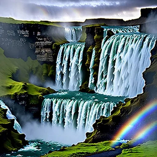 Prompt: Skogafoss Waterfall, South Iceland, Iceland

Skogafoss Falls, one of Iceland's most famous and beautiful waterfalls, is located on the Skoga River in the southern part of the country. The height of the waterfall is 60 meters and the width is 25 meters. On sunny days you can often see a rainbow forming in the mist of water, which gives the waterfall a special charm. There is a convenient trail leading to the waterfall, allowing visitors to climb to the observation deck at the top and enjoy breathtaking views of the waterfall and the surrounding scenery. Skogafoss is a popular destination for tourists and photographers, offering impressive natural scenes.