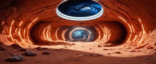 Prompt: A futuristic Mars underground habitat. lluminated tunnels carved into the Martian red rock, high-tech labs and cozy living quarters. The ceiling, a dome of glass, offers glimpses of the star-studded Milky Way above the desolate, dusty Martian landscape. A blend of technology and humanity, thriving in the vast, mysterious unknown.