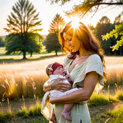 Prompt: a woman holding a baby in her arms nursing her. They are at a picnic in a field of grass and trees at sunset with the sun shining on her.