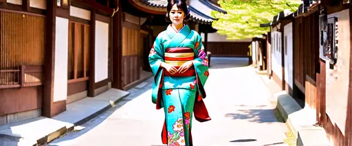 Prompt: (tall young Japanese woman wearing a traditional kimono), walking along a sunlit street, complex and detailed clothing patterns, vibrant colors of the kimono, realistic facial features, soft natural lighting casting gentle shadows, inviting atmosphere, serene environment, ultra-detailed, capturing the grace and elegance of cultural attire, beautiful backdrop of historical architecture.