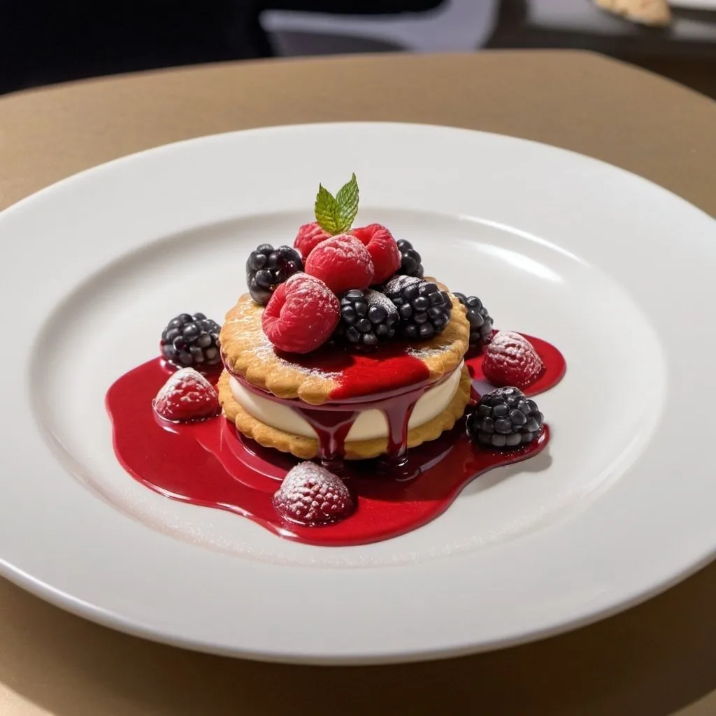 Prompt: Joconde biscuit, berries coulis, vanilla cream with fresh raspberries