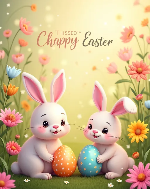 Prompt: Happy Easter Card, cheerful advertising style, vibrant spring theme, warm color scheme, bright pastel hues, playful bunnies and colorful eggs, festive floral elements, smooth and polished design, eye-catching typography, inviting atmosphere, uplifting vibe, cozy background, soft textures, high quality, ultra-detailed, designed to resonate emotionally with viewers.