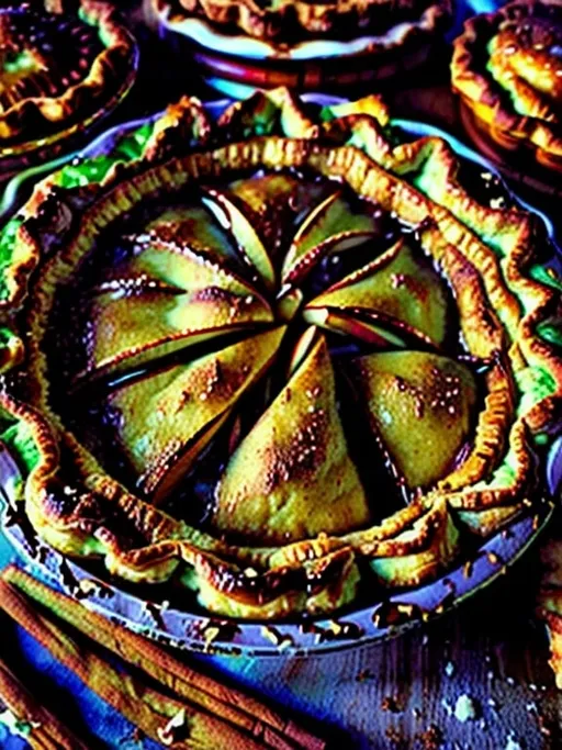 Prompt: Freshly baked apple pie with flaky crust, cinnamon and nutmeg, spicy filling oozing through, warm and inviting, realistic, detailed pastry texture, delicious aroma, food illustration, close-up, cozy lighting, high quality, traditional, inviting scent, rich colors, appetizing, brightly lit photorealistic