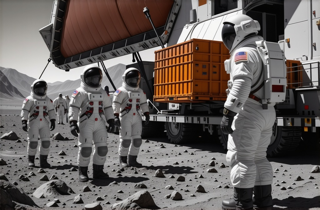 Prompt: (lunar base scene), (astronauts in sleek lunar exploration space suits), unloading cargo from Falcon Heavy cargo ship, futuristic technology, cool metallic colors, vast lunar landscape, craters and regolith in the background, dramatic lighting, ethereal atmosphere, high-quality 4K resolution, detailed texture of space suits and cargo equipment, engaging composition that showcases human activity on the Moon, thrilling sense of discovery and exploration.