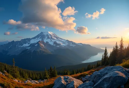 Prompt: Summit of Mount Rainier, breathtaking view looking south, Mount Hood majestically visible on the horizon, dramatic cloud formations above, vibrant blue sky, sun casting a warm golden glow, foreground with rugged rocks and lush alpine vegetation, serene atmosphere, high resolution, ultra-detailed, cinematic depth, natural beauty, expansive vista capturing the grandeur of the Northwest wilderness.