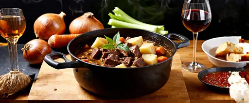Prompt: (tasty beef stew in a pot), slow-cooked, base of onions, celery, and carrots, tender chunks of browned beef stew meat, hearty cubed potatoes, garnished with bay leaves, seasoned with beef bouillon, salt and pepper, perfect for dinner, paired with (mellow red wine), warm and inviting atmosphere, comfort food for a cozy evening, rich and savory aroma, rustic kitchen background, low lighting, steam rising, ultra-detailed, 4K rendering, vibrant earthy tones, cinematic quality.
