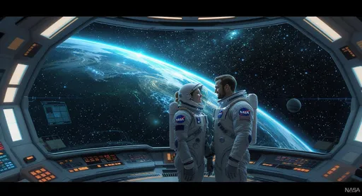 Prompt: Inside the sleek, high-tech command deck of the space station orbiting the shimmering blue-green planet Tau Cetti 4, Katie J. Mc Tavis and her husband stand side by side in gleaming NASA space suits, their visors reflecting the swirling colors of the distant galaxy. A soft, ethereal glow emanates from the deck's illuminated panels, casting their figures in a warm light that contrasts with the deep, star-speckled abyss outside. The air thrums with a sense of adventure and wonder, as the couple exchanges a knowing glance, exhilarated by the vastness surrounding them. Outside, shimmering lattices of stars twinkle like diamonds, while the vibrant hues of Tau Cetti 4's atmosphere play a breathtaking visual dance against the dark backdrop of space, all captured in a captivating cinematic illustration.