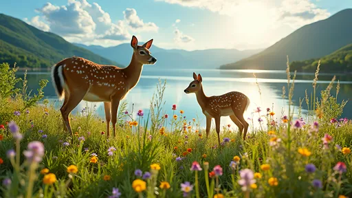 Prompt: A breathtaking meadow carpeted with a riot of wildflowers, their vibrant colors dancing under the brilliant midday sun. The scene is alive with a spectrum of purples, yellows, and reds, interspersed with soft green grasses swaying gently in the warm breeze. By the shimmering lakeside, a serene doe stands gracefully beside her curious fawn, both poised delicately as they graze on the lush grass. The sun casts a golden glow across the tranquil lake surface, reflecting the azure sky dotted with fluffy, white clouds. In the background, gentle hills roll softly, their verdant slopes dotted with more wildflowers. This idyllic setting captures the essence of peace and harmony in nature, creating a lively yet serene atmosphere reminiscent of an ads-real estate style that highlights beauty and tranquility.
