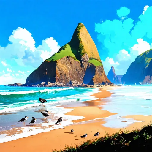 Prompt: Detailed 4K digital illustration of Cannon Beach, Oregon, Haystack Rock towering above the ocean, wide sandy beaches, vibrant tide pools, diverse seabirds, breathtaking natural beauty, realistic digital painting, scenic coastal landscape, high level of detail, widescreen wallpaper, natural colors, bright sunlight, realistic shadows and highlights